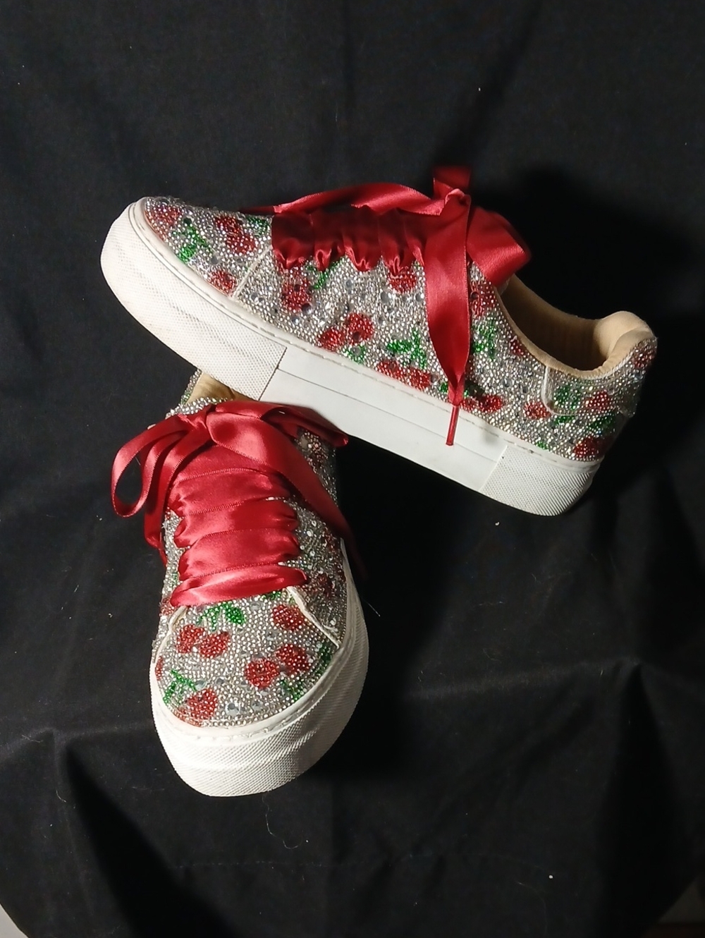 Betsey Johnson Red Satin Crystal Floral Sneakers